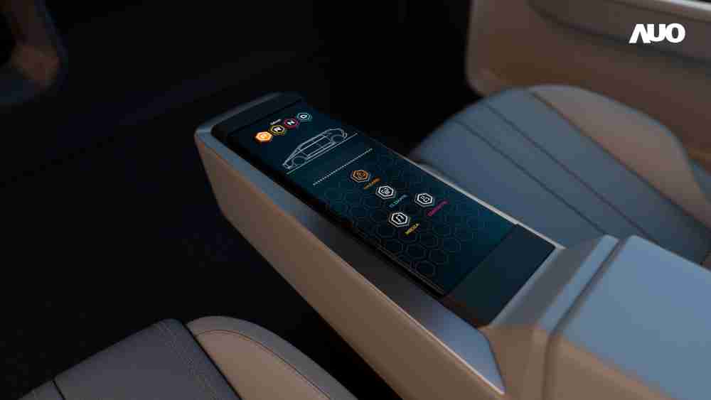 PA直营以人性化设计打造多变形态中控显示(Morphing Center Control)，，不使用时仅平面显示信息，，进行操作时，，，，显示器则会动态隆起，，，，转变成3D实体按钮，，并有触觉回馈，，展示人机互动新体验